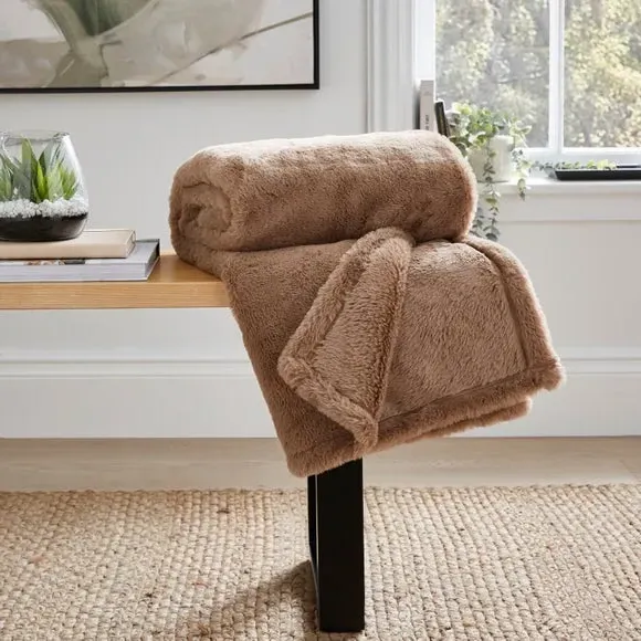 Double Sided Throw Blanket - Mocha, Faux Fur
