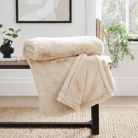 Double Sided Throw Blanket - Natural, Faux Fur