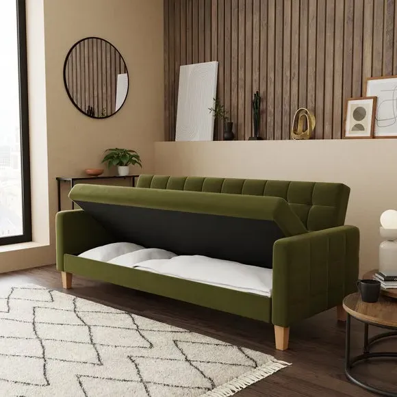 Double Sofa Bed with Storage - Olive, Velvet