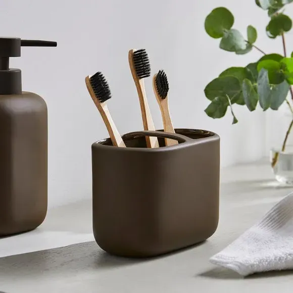 Double Toothbrush Holder - Chocolate, Ceramic image