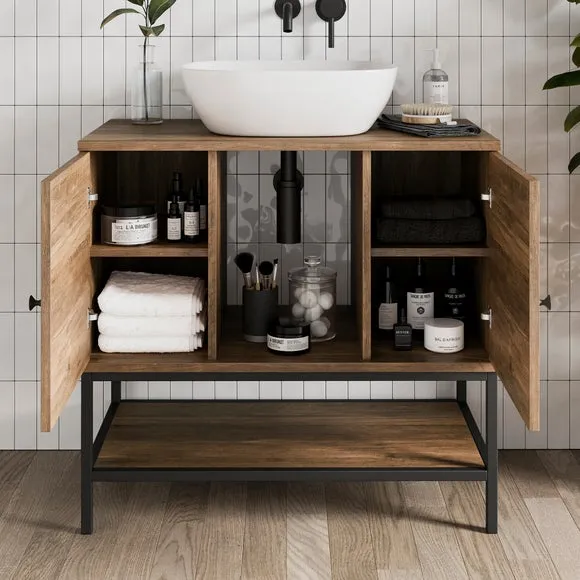 Double Vanity Unit with Storage - Pine Effect