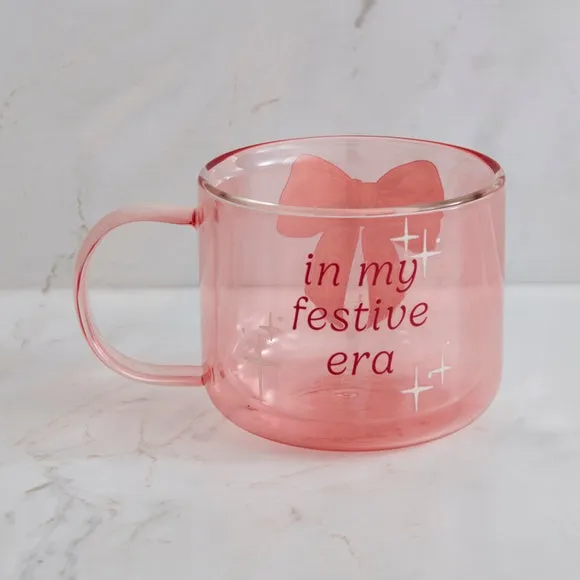 Double Wall Glass Mug with Bow Design - Pink