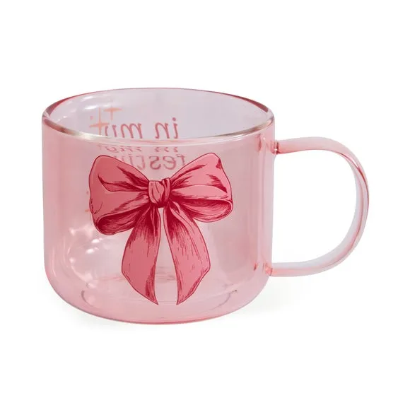 Double Wall Glass Mug with Bow Design - Pink