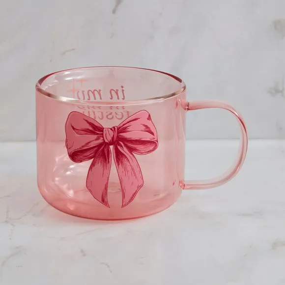Double Wall Glass Mug with Bow Design - Pink