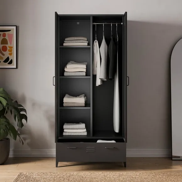 Double Wardrobe with Adjustable Shelves - Black, Metal