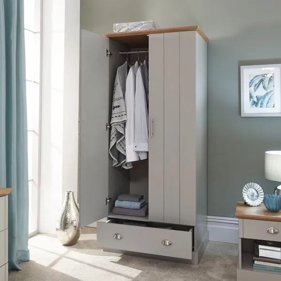 Double Wardrobe with Drawer - Grey, Oak Effect