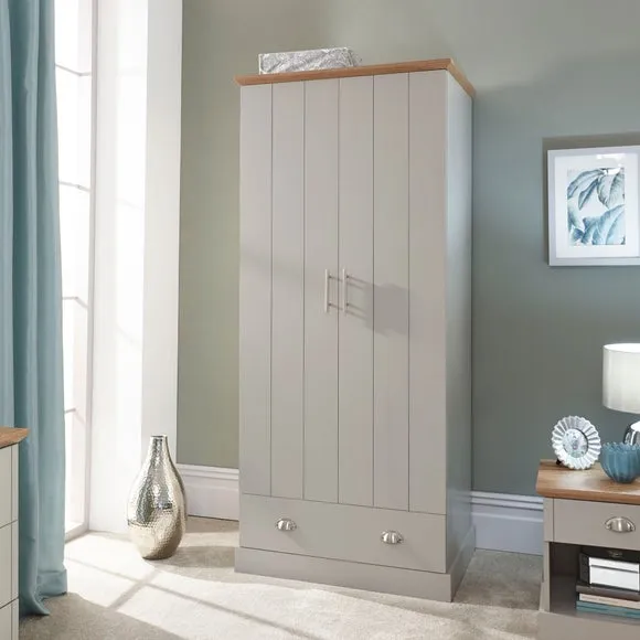 Double Wardrobe with Drawer - Grey, Oak Effect image