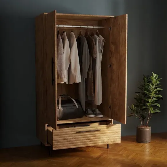 Double Wardrobe with Drawer - Wood, Mango Effect