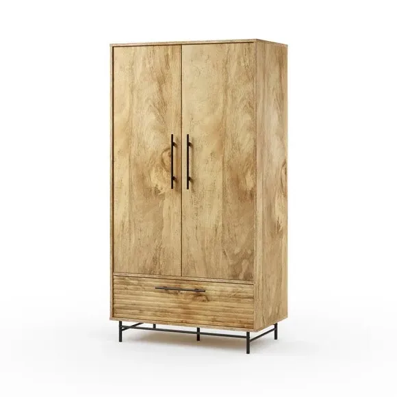 Double Wardrobe with Drawer - Wood, Mango Effect