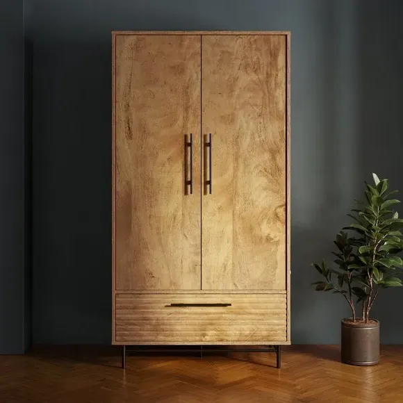 Double Wardrobe with Drawer - Wood, Mango Effect image