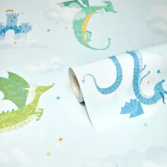 Dragon Print Wallpaper - Blue, Matte Finish