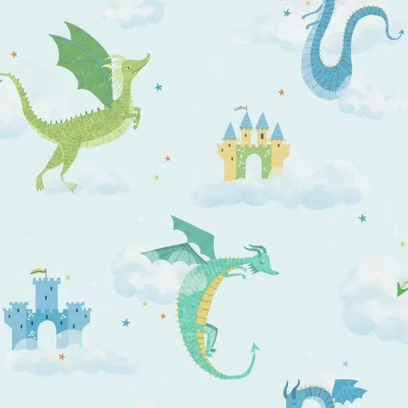 Dragon Print Wallpaper - Blue, Matte Finish