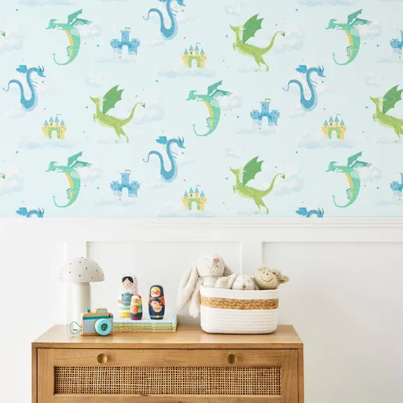 Dragon Print Wallpaper - Blue, Matte Finish