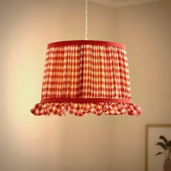 Drum Lamp Shade with Frills - Red, Polyester