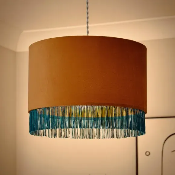 Drum Lamp Shade with Fringe - Burnt Orange, Velvet
