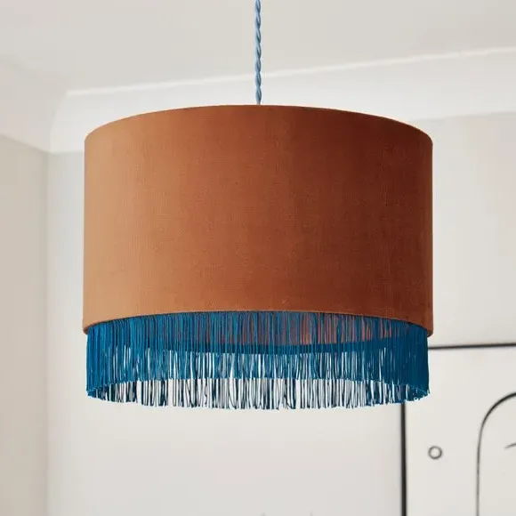 Drum Lamp Shade with Fringe - Burnt Orange, Velvet image