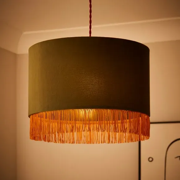 Drum Lamp Shade with Fringe - Green, Velvet