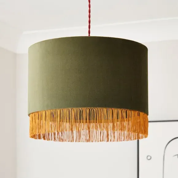 Drum Lamp Shade with Fringe - Green, Velvet