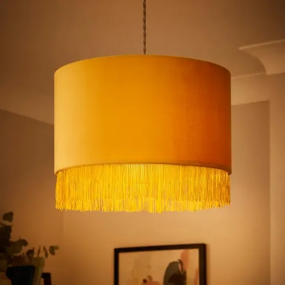 Drum Lamp Shade with Fringe - Ochre, Velvet