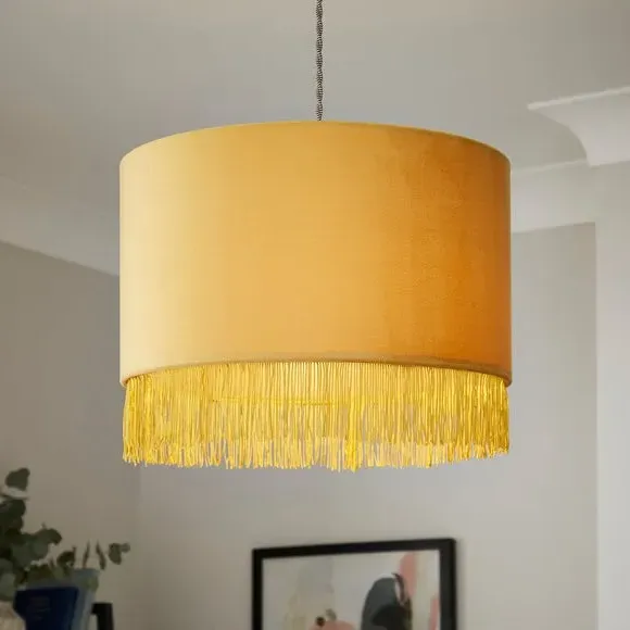 Drum Lamp Shade with Fringe - Ochre, Velvet