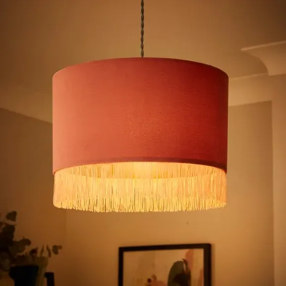 Drum Lamp Shade with Fringe - Pink, Velvet