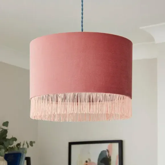 Drum Lamp Shade with Fringe - Pink, Velvet