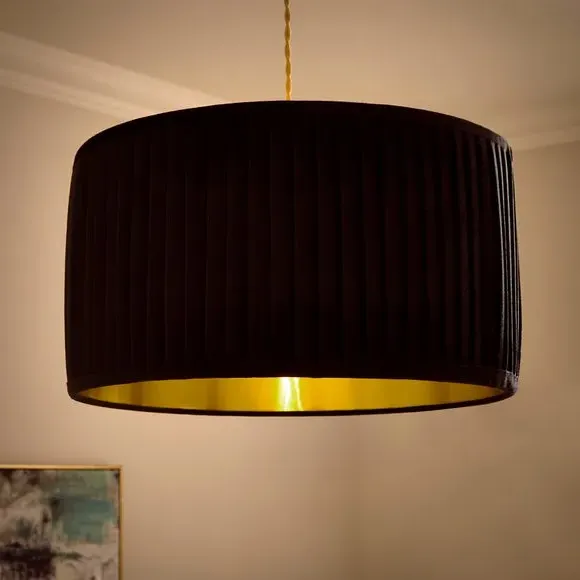 Drum Lamp Shade with Pleated Design - Black, Velvet