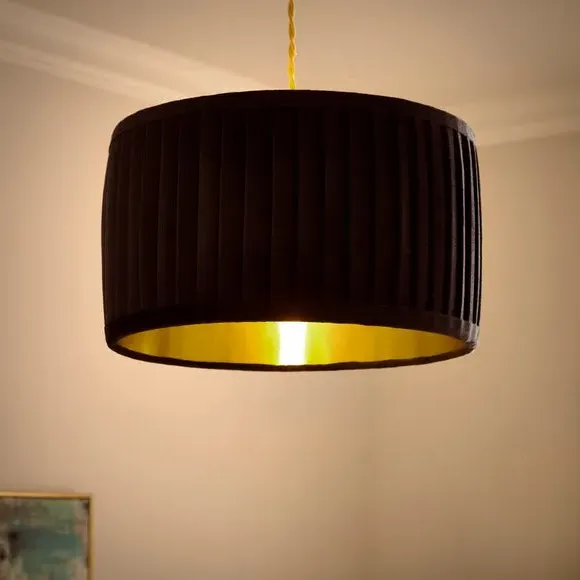 Drum Lamp Shade with Pleated Design - Black, Velvet