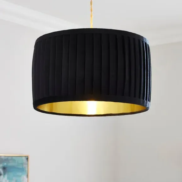 Drum Lamp Shade with Pleated Design - Black, Velvet image
