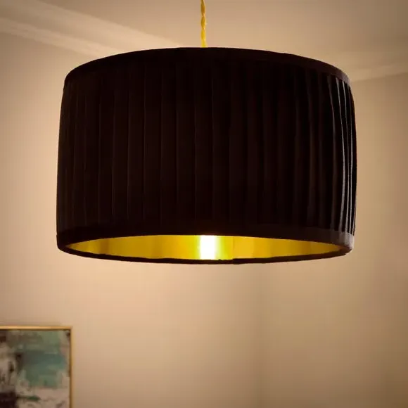Drum Lamp Shade with Pleated Design - Black, Velvet