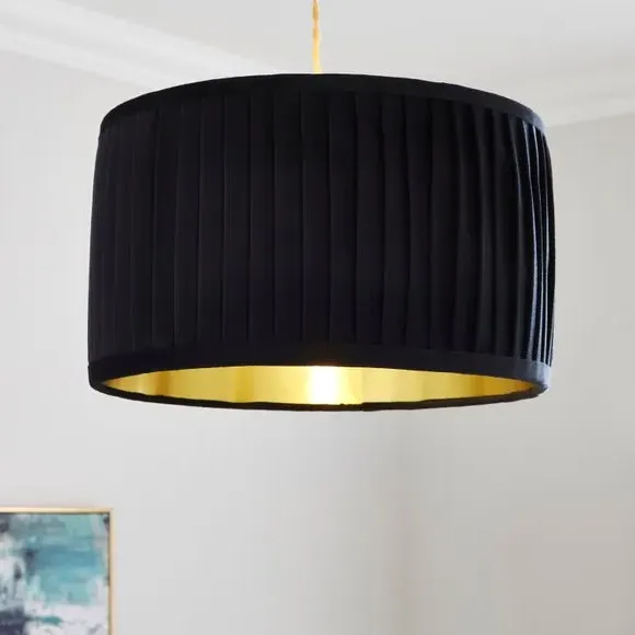 Drum Lamp Shade with Pleated Design - Black, Velvet