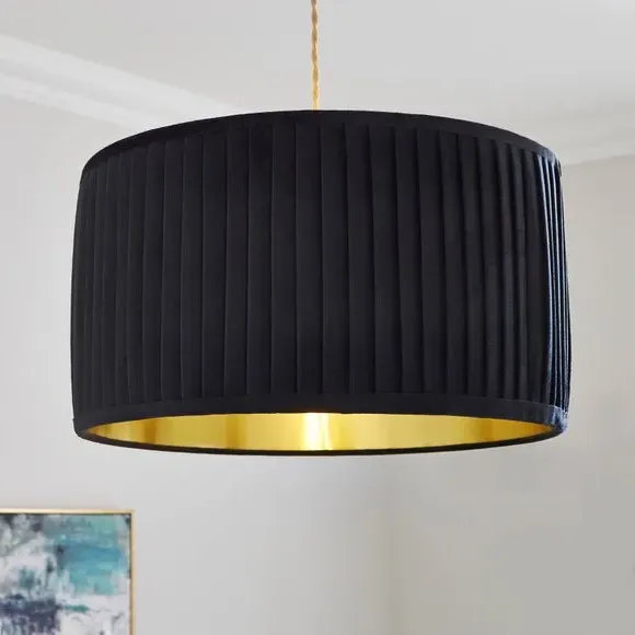 Drum Lamp Shade with Pleated Design - Black, Velvet