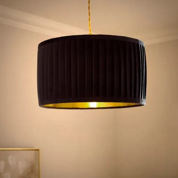 Drum Lamp Shade with Pleated Design - Navy, Velvet