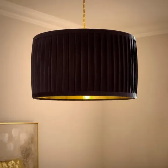 Drum Lamp Shade with Pleated Design - Navy, Velvet