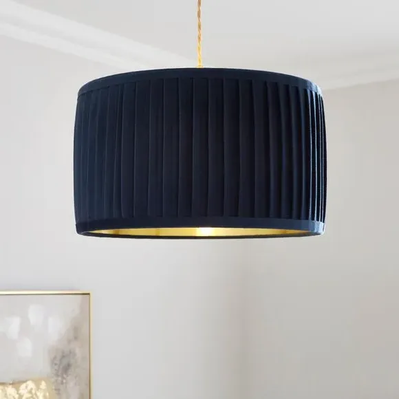 Drum Lamp Shade with Pleated Design - Navy, Velvet