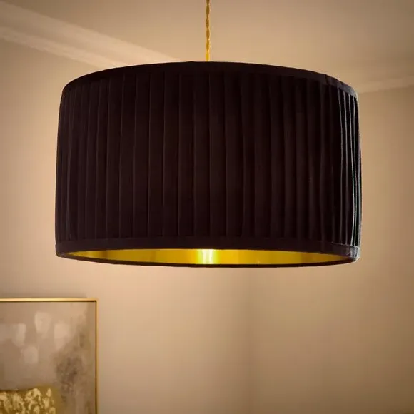 Drum Lamp Shade with Pleated Design - Navy, Velvet