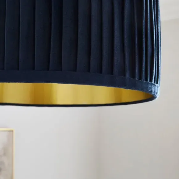 Drum Lamp Shade with Pleated Design - Navy, Velvet