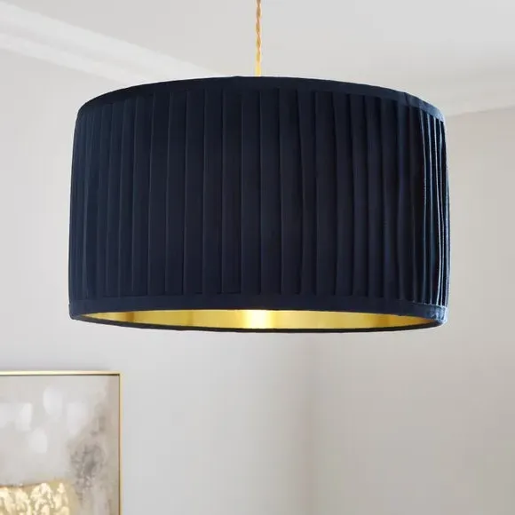 Drum Lamp Shade with Pleated Design - Navy, Velvet