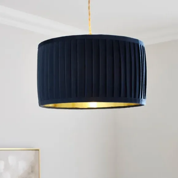 Drum Lamp Shade with Pleated Design - Navy, Velvet