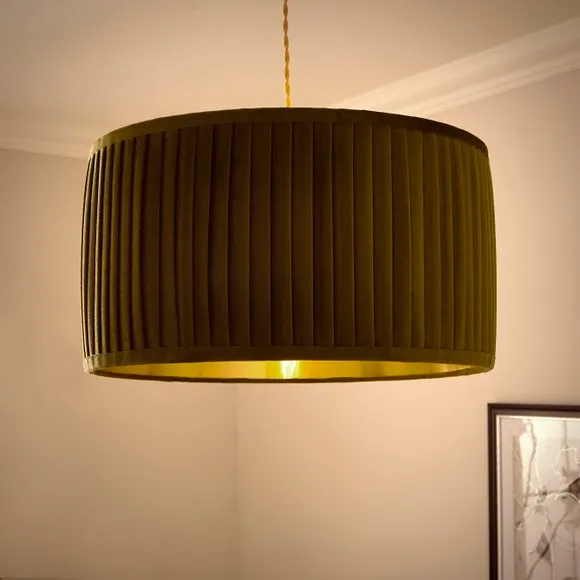 Drum Lamp Shade with Pleated Design - Olive, Velvet