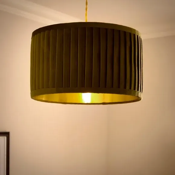 Drum Lamp Shade with Pleated Design - Olive, Velvet