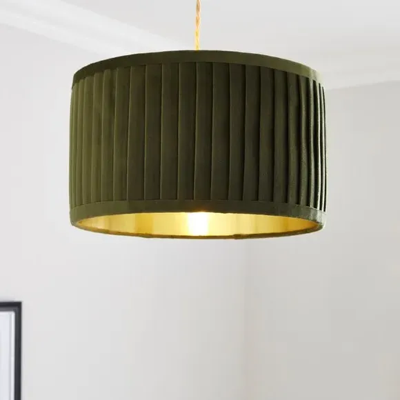 Drum Lamp Shade with Pleated Design - Olive, Velvet