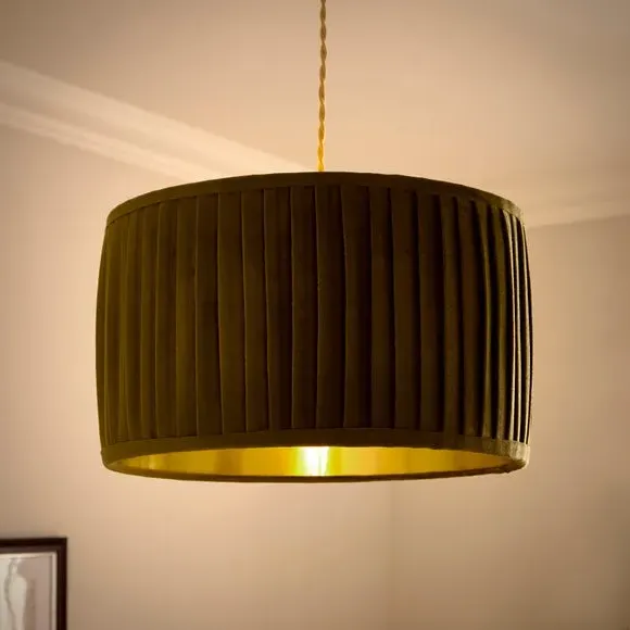 Drum Lamp Shade with Pleated Design - Olive, Velvet