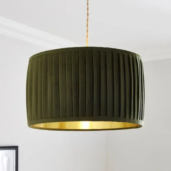Drum Lamp Shade with Pleated Design - Olive, Velvet