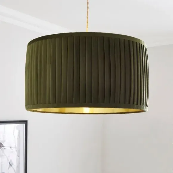 Drum Lamp Shade with Pleated Design - Olive, Velvet