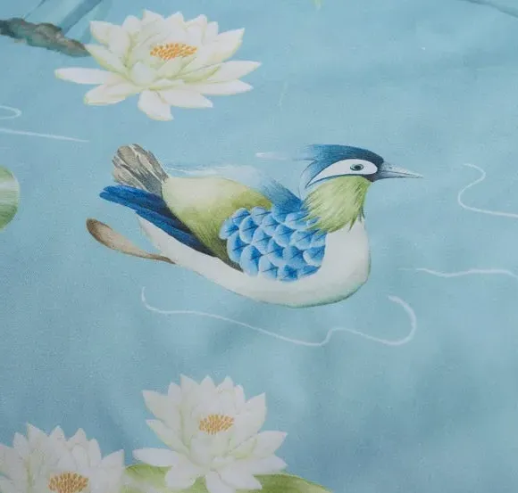 Duvet Cover Set with Cranes Print - Blue, Cotton