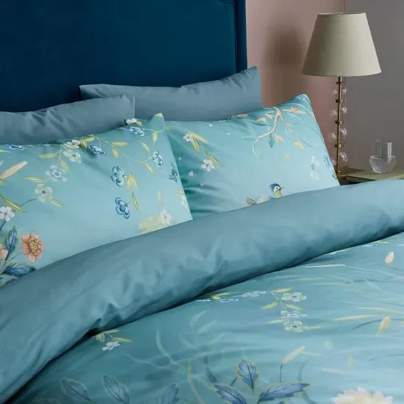 Duvet Cover Set with Cranes Print - Blue, Cotton