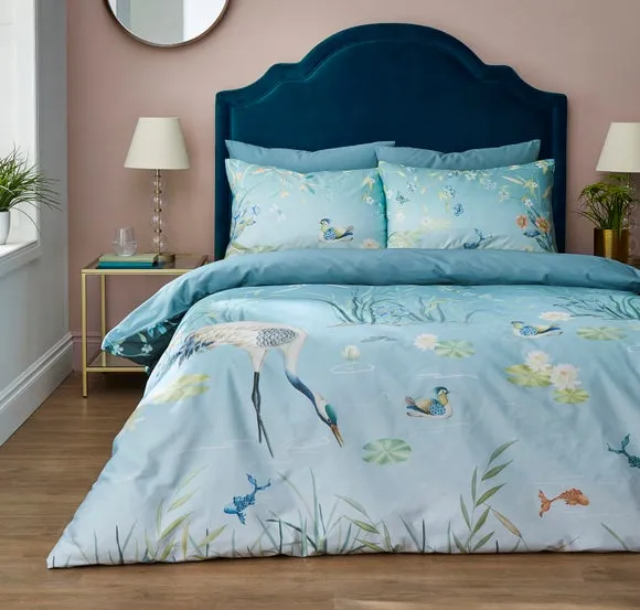 Duvet Cover Set with Cranes Print - Blue, Cotton