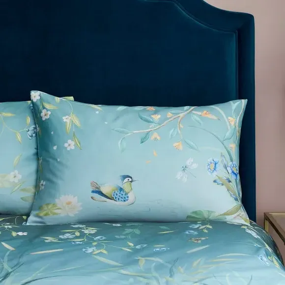 Duvet Cover Set with Cranes Print - Blue, Cotton
