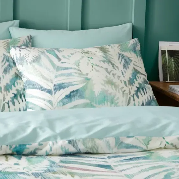 Duvet Cover Set with Fern Print - Green, Cotton